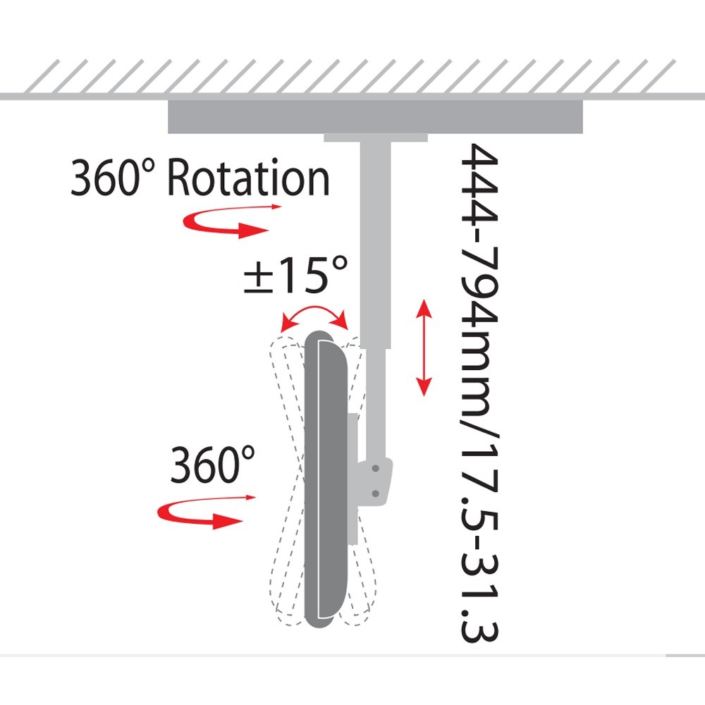Techly ICA-CPLB 906 Staffa Telescopica per TV LED/LCD a Soffitto 23-37'' Nero - Inclinazione /- 15°, Rotazione 360°, Regolabile in Altezza