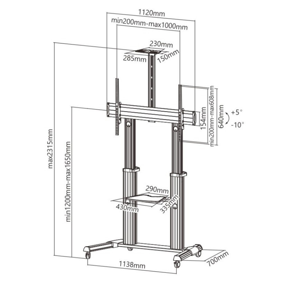 Techly ICA-TR24 Supporto Mobile da Pavimento per TV LED LCD 60-100'' con Mensola, Inclinazione 5°/-10°, Altezza Regolabile 1200-1650 mm
