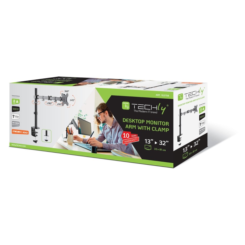 Techly ICA-LCD 503BK Supporto da Scrivania per Monitor 13-32'' con Regolazione Inclinazione, Altezza e Rotazione - Nero