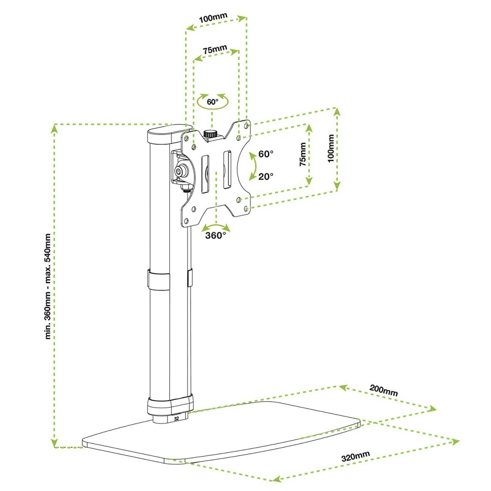 Techly Supporto da Tavolo per Monitor 17-27'' con Base Bianco - Carico 6 kg, Compatibile VESA 75x75/100x100