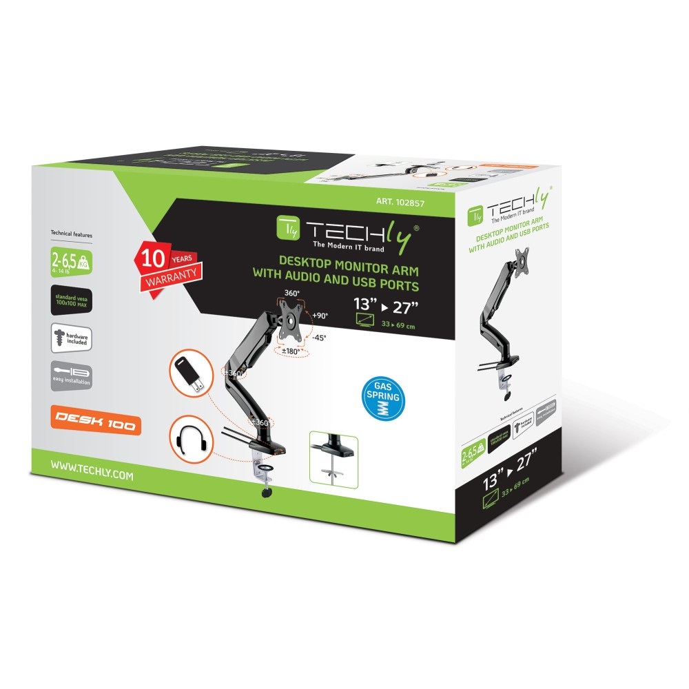 Techly Supporto Monitor 13-27'' con USB e Audio, Braccio Articolato con Molla a Gas e Fissaggio Versatile