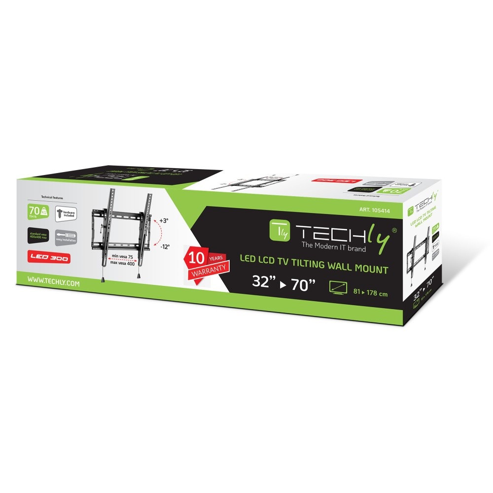Techly Supporto a Muro Inclinabile per TV LED/LCD 32-70'' - Robusto, Pieghevole, fino a 70 kg