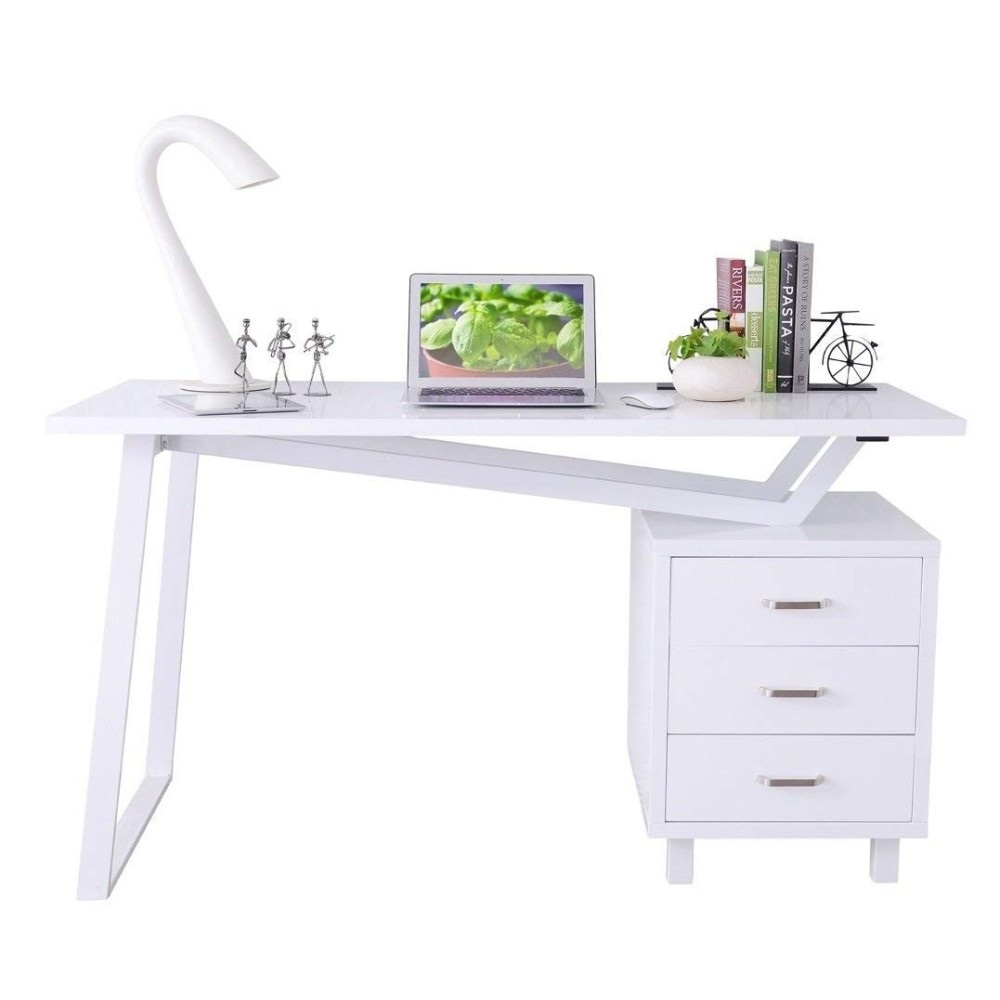 Techly Scrivania per Computer Moderna con Tre Cassetti Bianco Opaco Effetto Legno