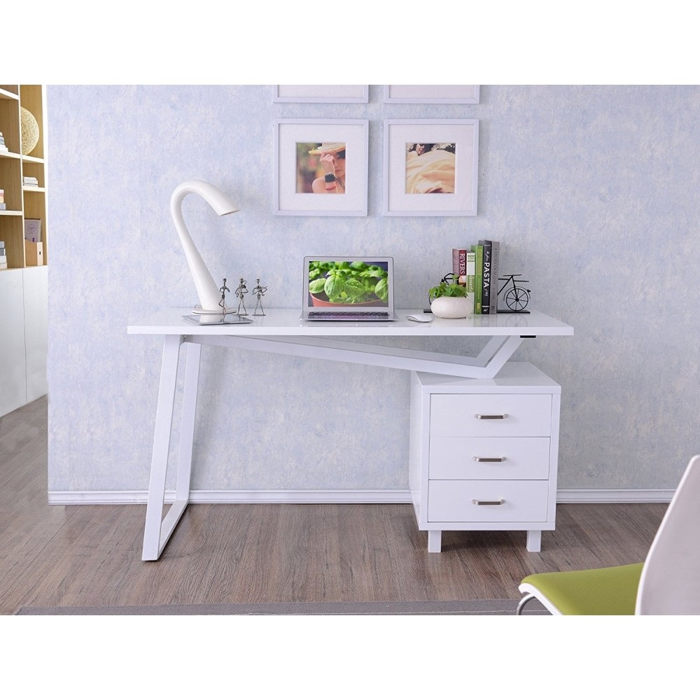 Techly Scrivania per Computer Moderna con Tre Cassetti Bianco Opaco Effetto Legno