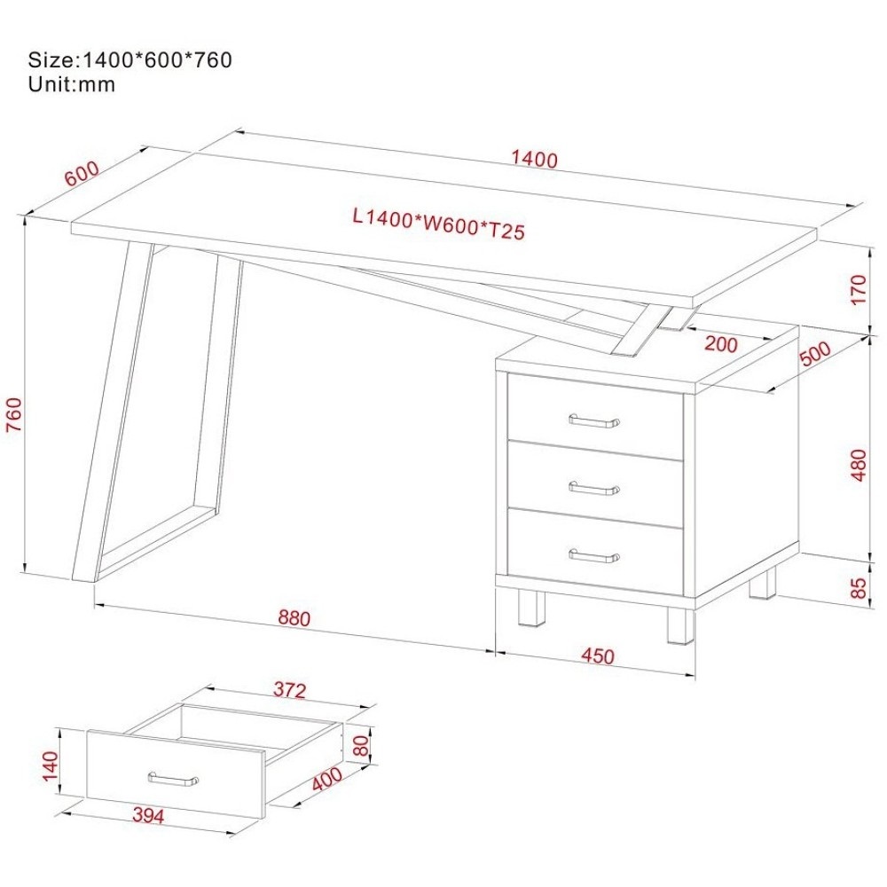 Techly Scrivania per Computer Moderna con Tre Cassetti Bianco Opaco Effetto Legno