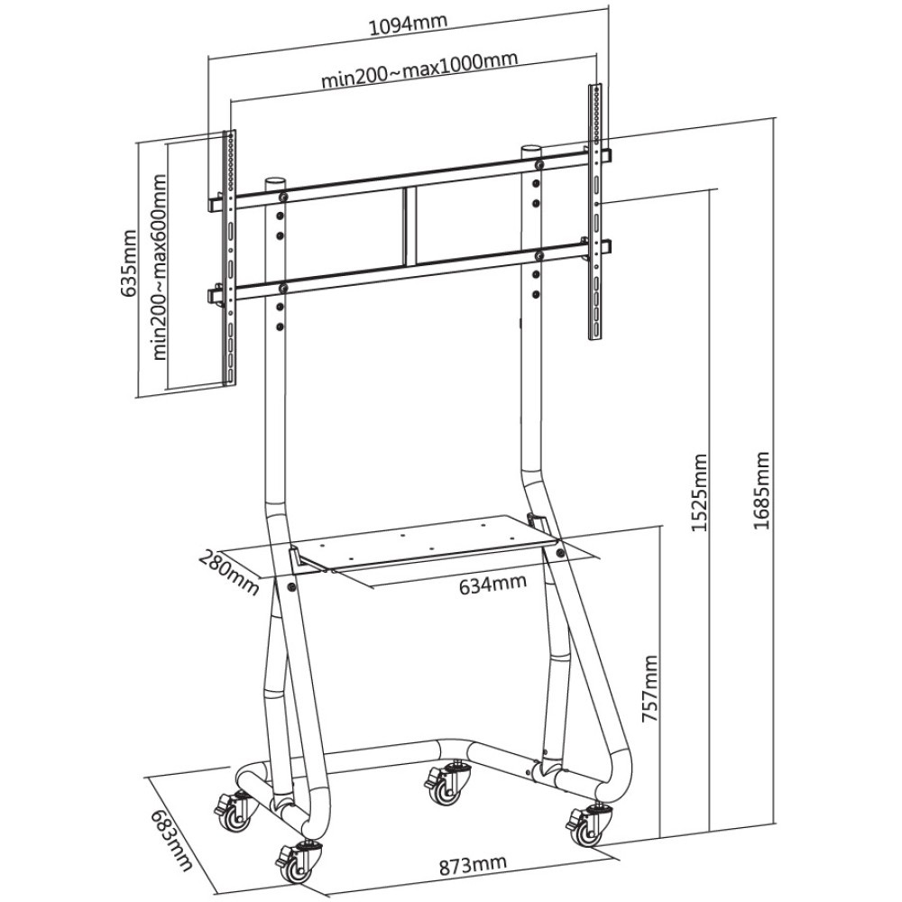 Techly Supporto a pavimento per TV da 60'' a 105'' - Massimo peso supportato 100 kg, VESA fino a 1000x600, con gestione cavi e ruote