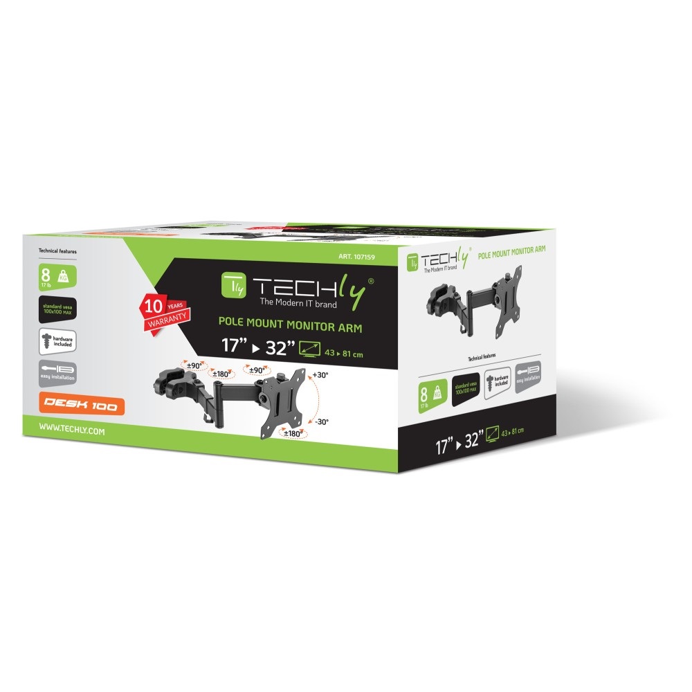 Techly 107159 Staffa per Fissaggio a Palo TV LED/LCD 17-32'' Nero - Braccio di Supporto con Regolazione Inclinazione