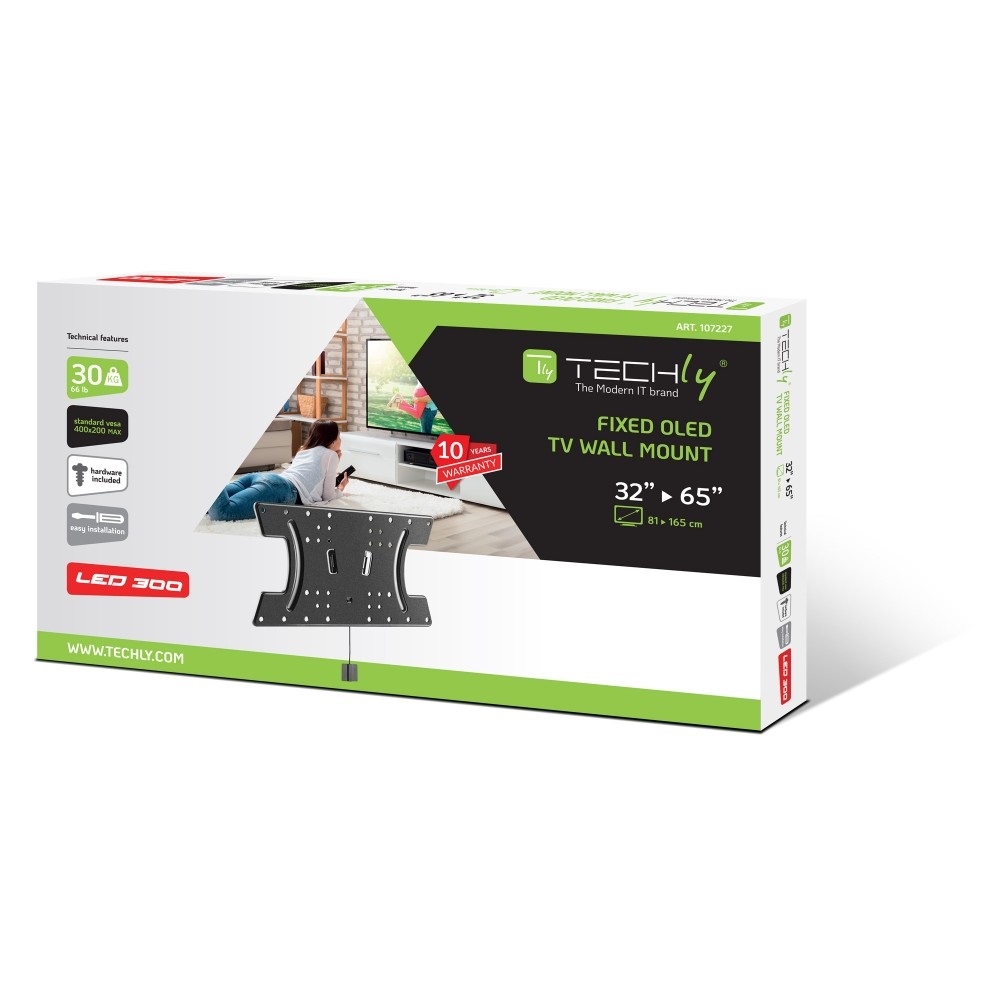 Techly Staffa a Muro Slim per TV OLED 32-65'' Nero - Compatibile VESA, Installazione Facile, Sistema di Blocco Automatico