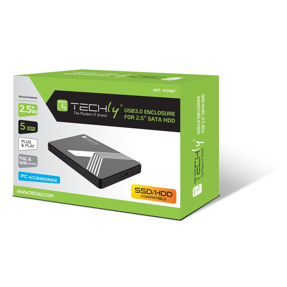 Techly Box Esterno HDD/SSD SATA 2,5'' USB 3.0 Nero - Design Senza Viti, Fino a 5 Gbps
