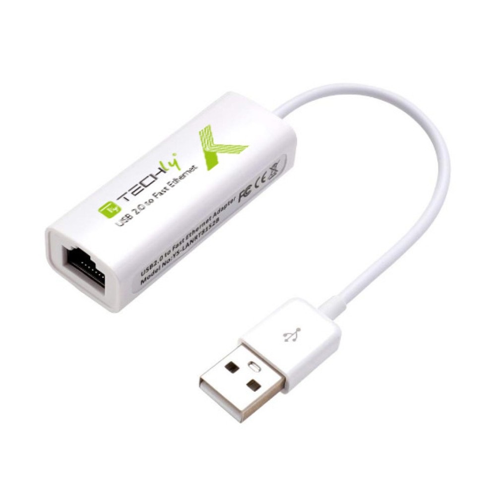 Techly 107630 Convertitore da USB2.0 a Fast Ethernet 10/100 Mbps - Bianco, Cablato, Supporto Half/Full Duplex