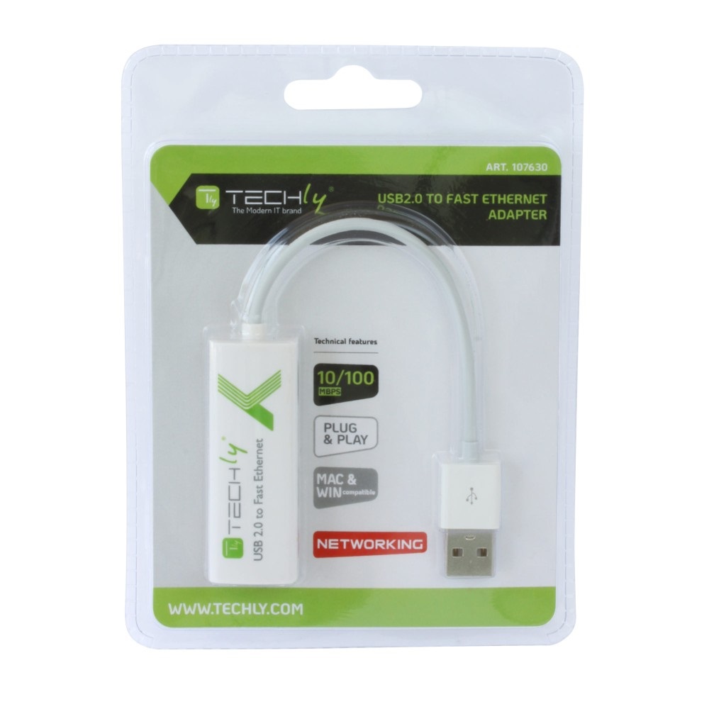 Techly 107630 Convertitore da USB2.0 a Fast Ethernet 10/100 Mbps - Bianco, Cablato, Supporto Half/Full Duplex