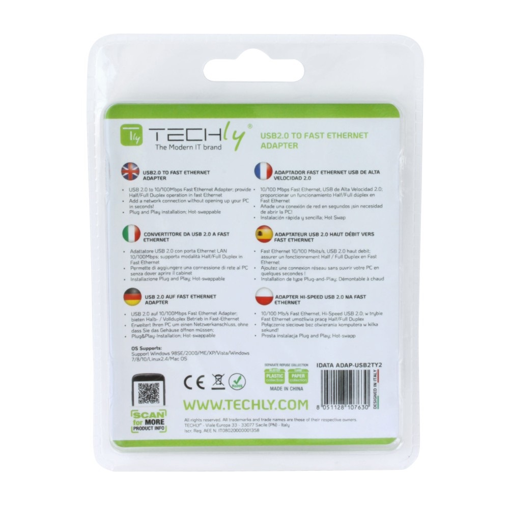 Techly 107630 Convertitore da USB2.0 a Fast Ethernet 10/100 Mbps - Bianco, Cablato, Supporto Half/Full Duplex