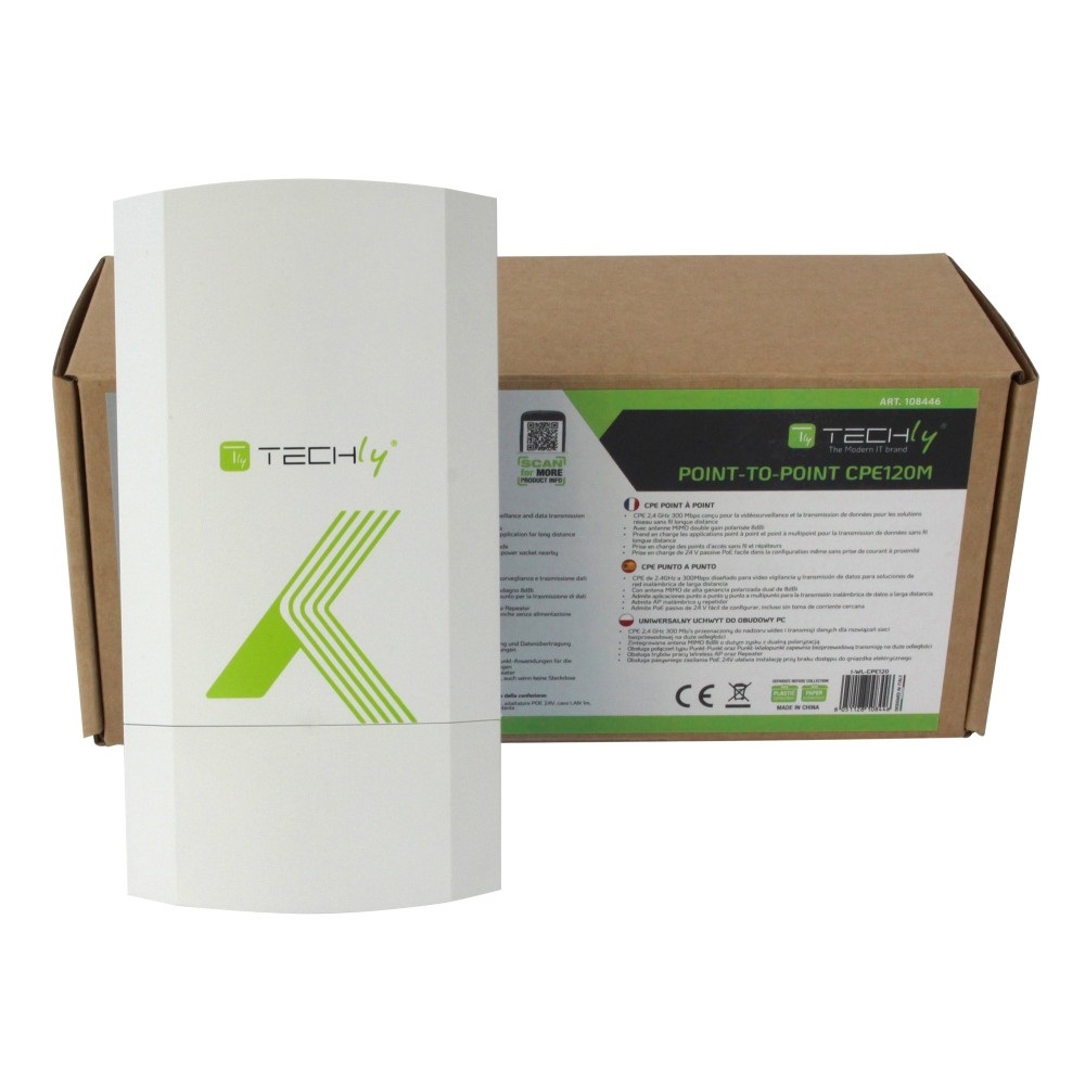 Techly I-WL-CPE120 CPE Punto-Punto 300Mbps a 2.4GHz con Antenna MIMO 8dBi e Supporto Power over Ethernet (PoE)