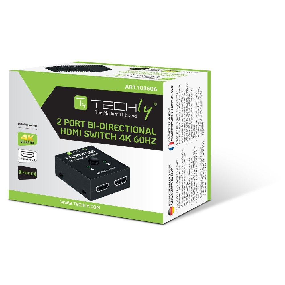 Techly 108606 Switch HDMI 2 Porte Bidirezionale 4K 60Hz Nero - Doppia modalità di connessione