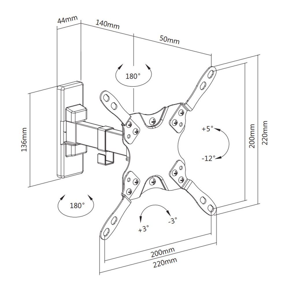 Techly ICA-PLB-400STY Staffa a Muro Universale 2 Snodi per TV 13-42'' Nero - Inclinazione 5° to -12°, Rotazione ±180°, Acciaio Solido