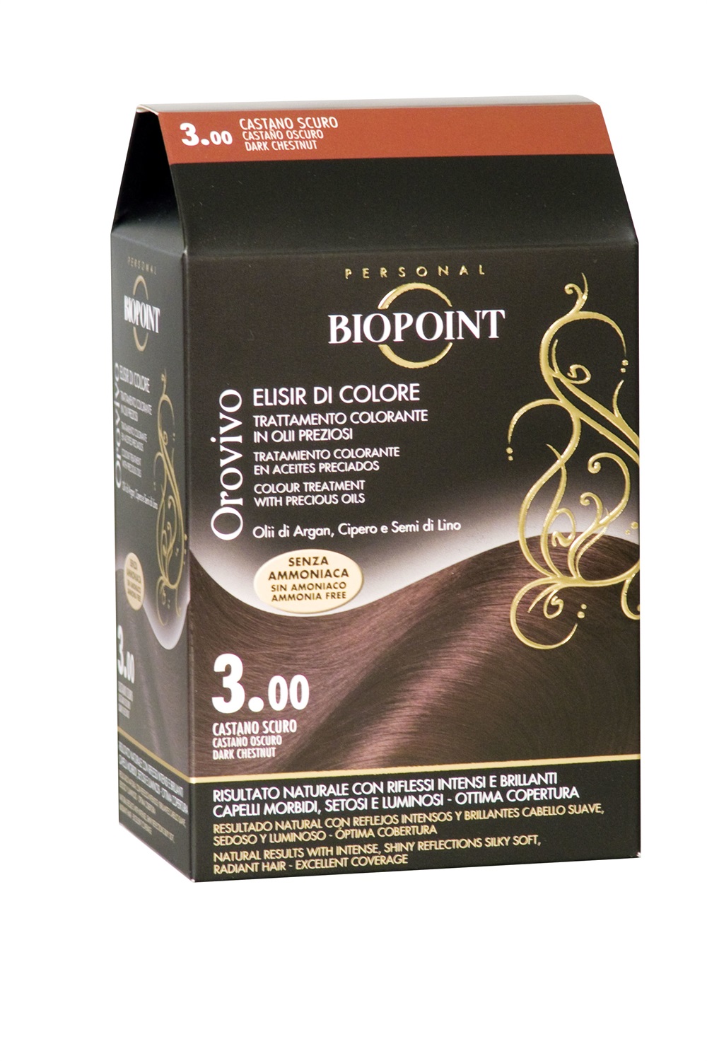 Biopoint Orovivo Elisir di Colore 3.00 Castano Scuro - Trattamento Colorante in Olio Senza Ammoniaca, Nutriente e Illuminante, 142 ml