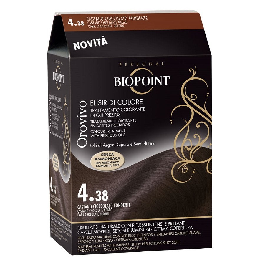 Biopoint Orovivo Elisir di Colore 4.38 - Castano Cioccolato Fondente, Colorazione Senza Ammoniaca con Oli Preziosi e Riflessi Intensi