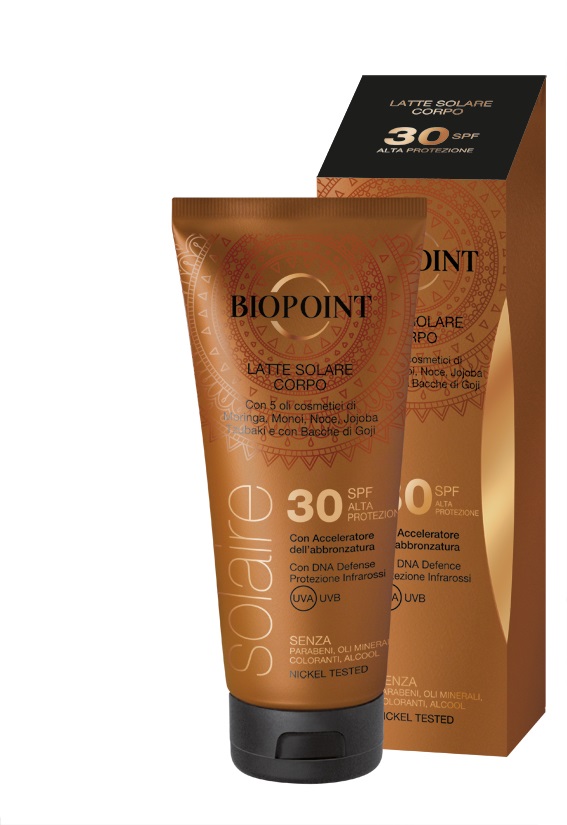 Biopoint Latte Solare Corpo SPF 30 - 200 ml, Resistente all'Acqua, Assorbimento Rapido, Non Unge, Senza Oli Minerali, Coloranti, Alcool e Nickel Tested