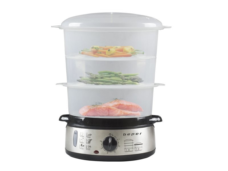 Beper BC.250 Vaporiera Elettrica 9 Litri 800W con 3 Cestelli Impilabili - Cottura al Vapore per Riso, Pesce, Verdure e Carne - BFA Free