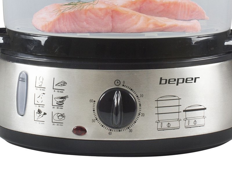 Beper BC.250 Vaporiera Elettrica 9 Litri 800W con 3 Cestelli Impilabili - Cottura al Vapore per Riso, Pesce, Verdure e Carne - BFA Free