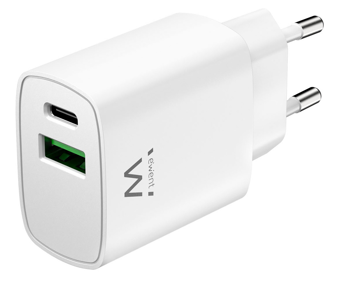 Ewent EW1321 Caricabatterie da Muro 20W con 2 Porte USB-C e USB-A, Ricarica Rapida Power Delivery 3.0 e Quick Charge 3.0, Compatibile con iPhone e Smartphone Android