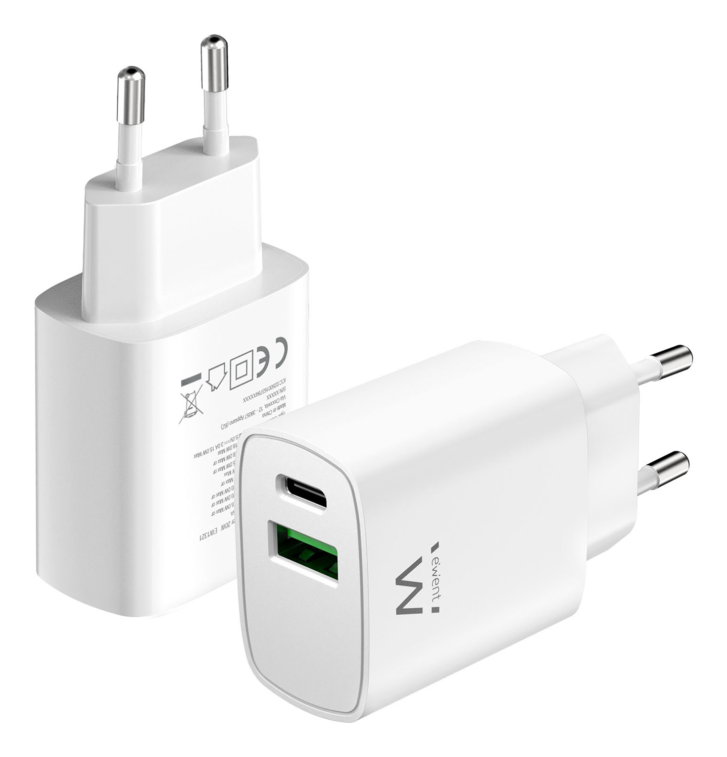 Ewent EW1321 Caricabatterie da Muro 20W con 2 Porte USB-C e USB-A, Ricarica Rapida Power Delivery 3.0 e Quick Charge 3.0, Compatibile con iPhone e Smartphone Android