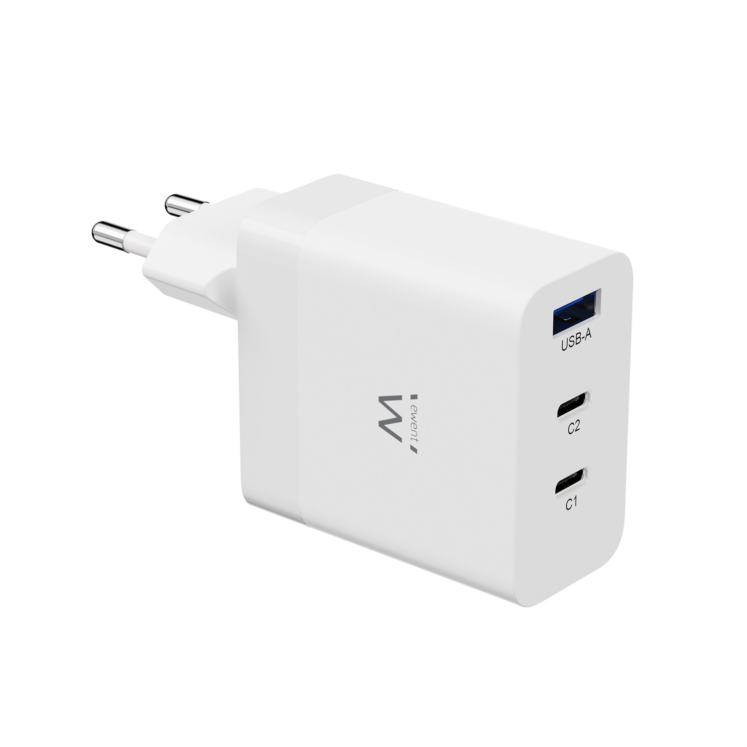 Ewent EW1323 Caricatore USB-C 65W GaN con 3 Porte - Caricatore Rapido PD 3.0 per MacBook, iPad, iPhone e Altri Dispositivi