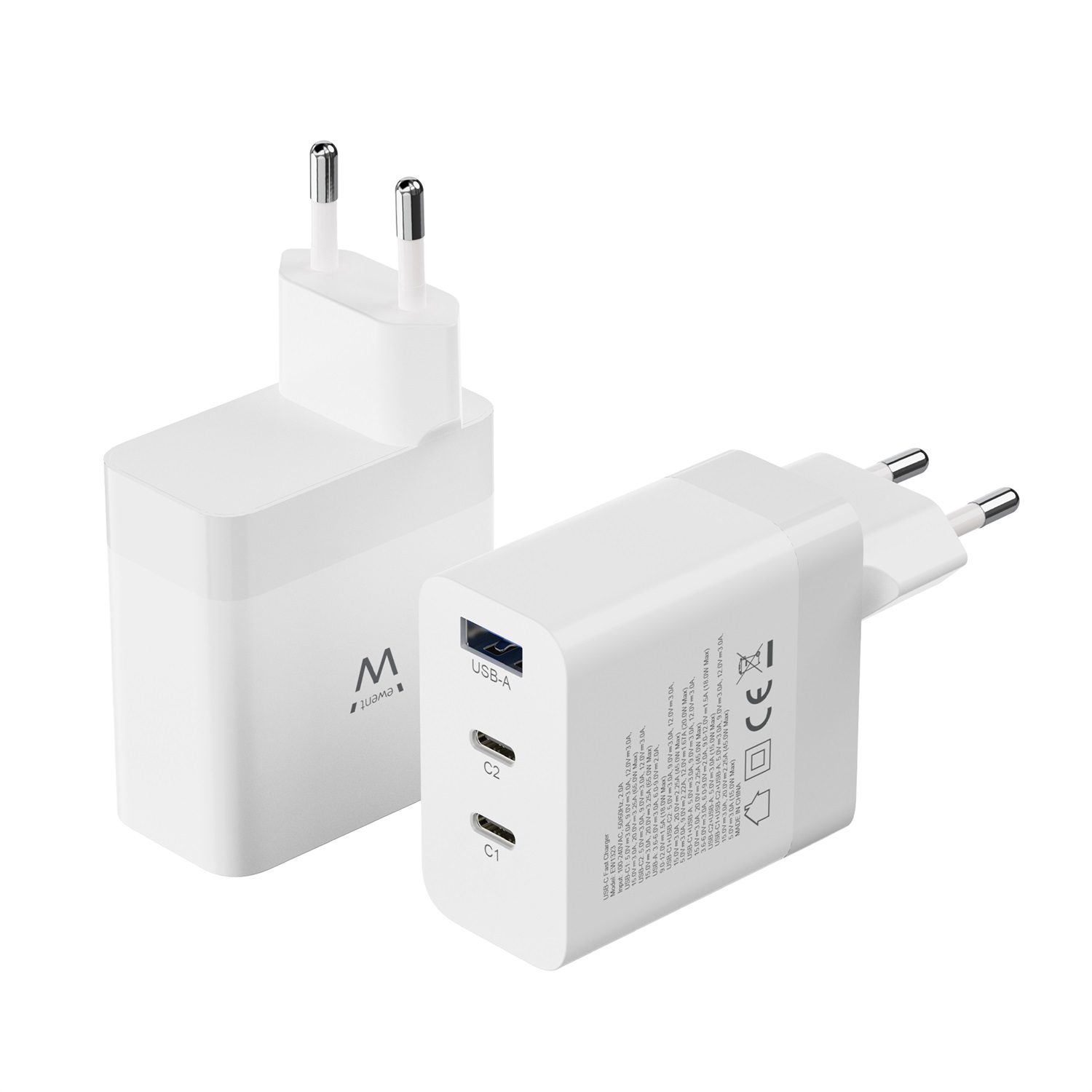 Ewent EW1323 Caricatore USB-C 65W GaN con 3 Porte - Caricatore Rapido PD 3.0 per MacBook, iPad, iPhone e Altri Dispositivi