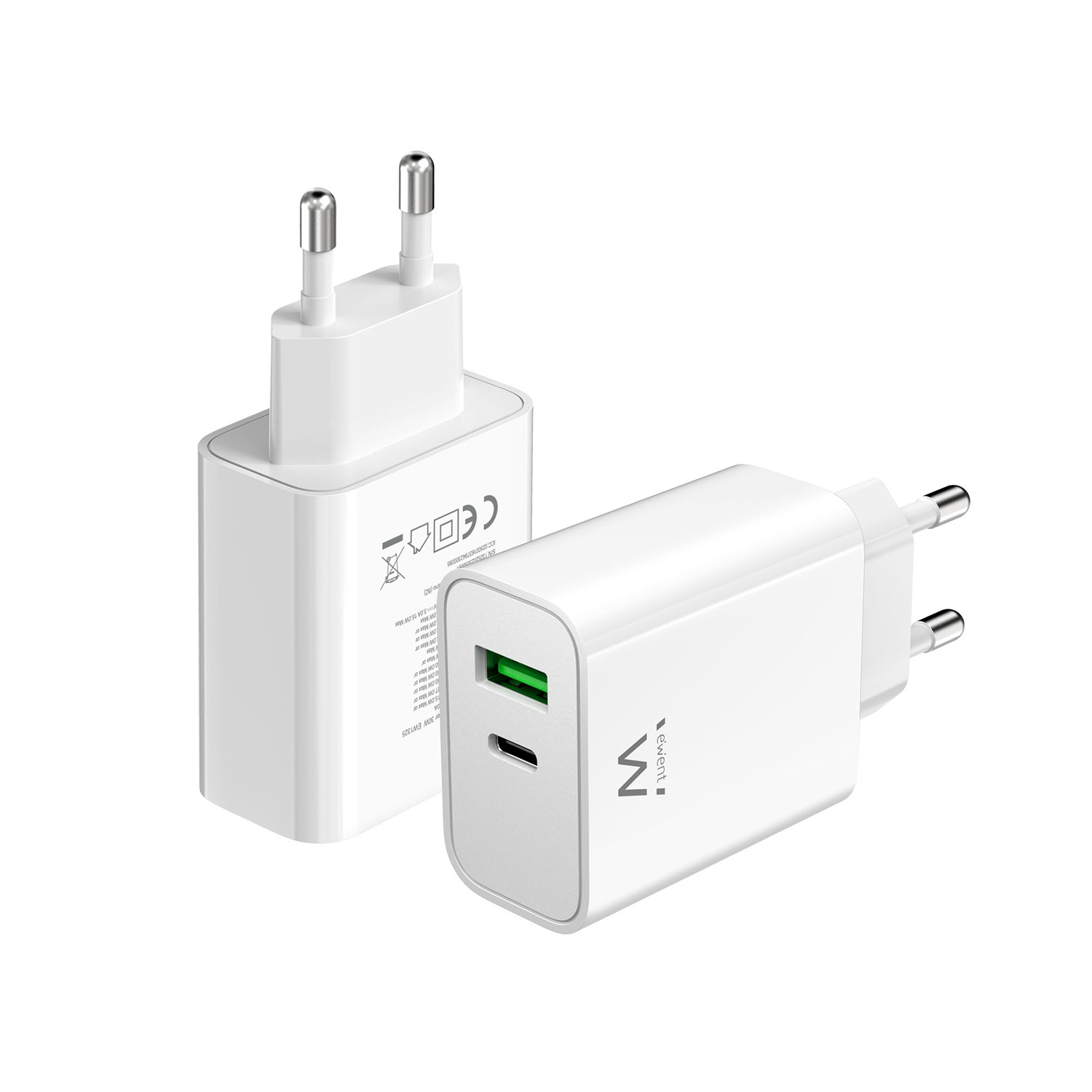 Ewent Caricabatterie USB-C 30W Super Veloce con 2 Porte per iPhone, iPad e Smartphone Universali