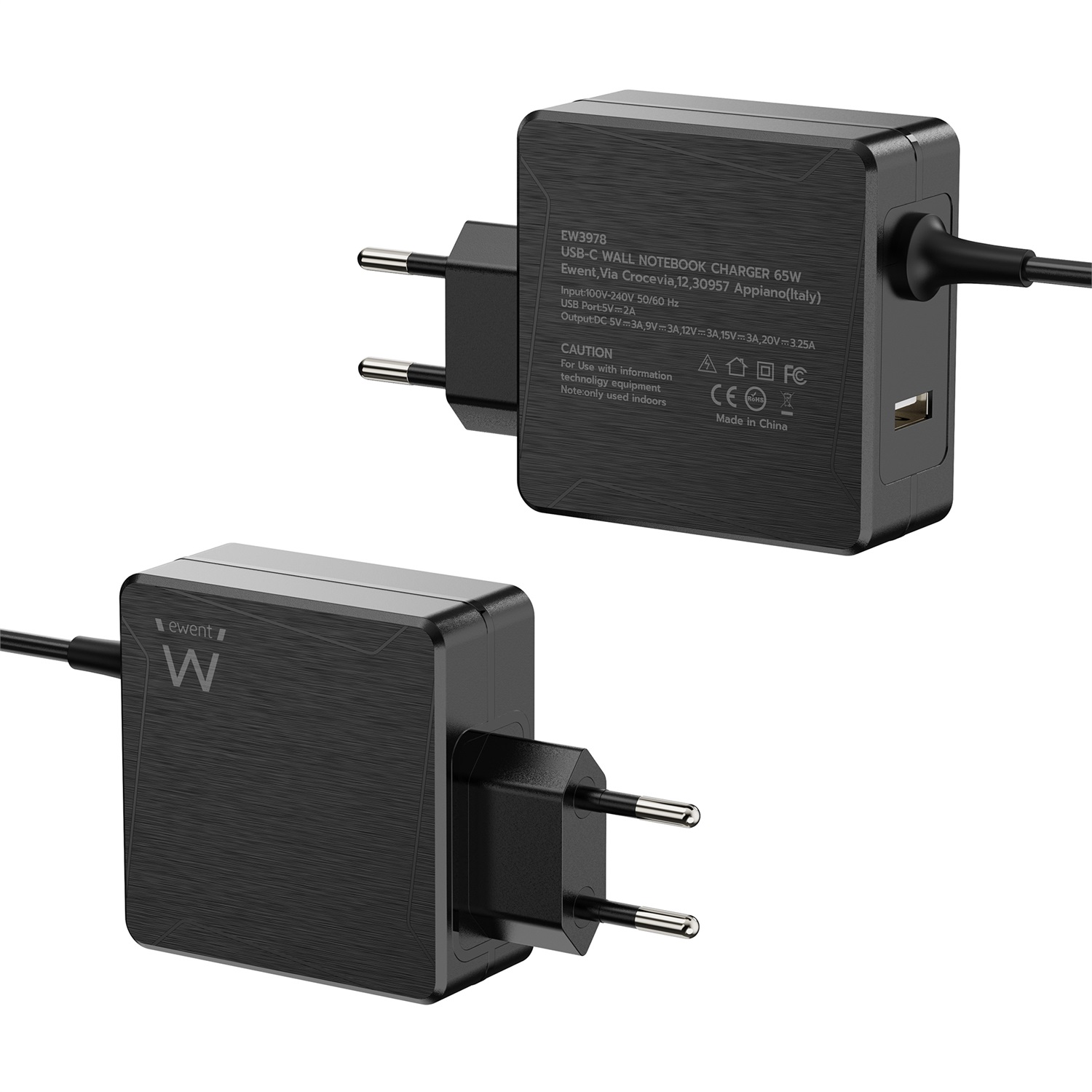Ewent Caricatore a muro USB Tipo C 65W con cavo da 1.5 metri e USB-A aggiuntiva per smartphone