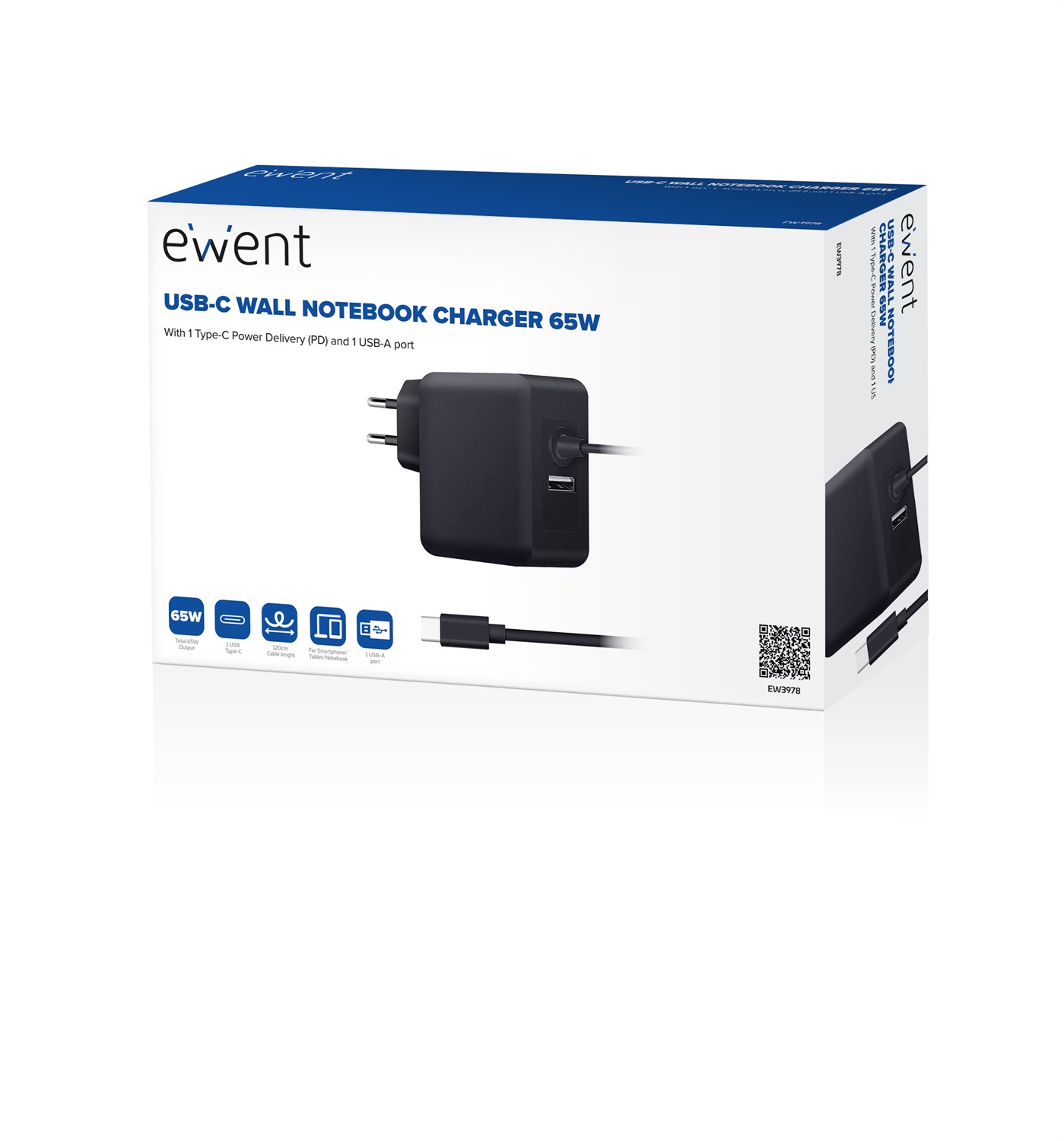 Ewent Caricatore a muro USB Tipo C 65W con cavo da 1.5 metri e USB-A aggiuntiva per smartphone