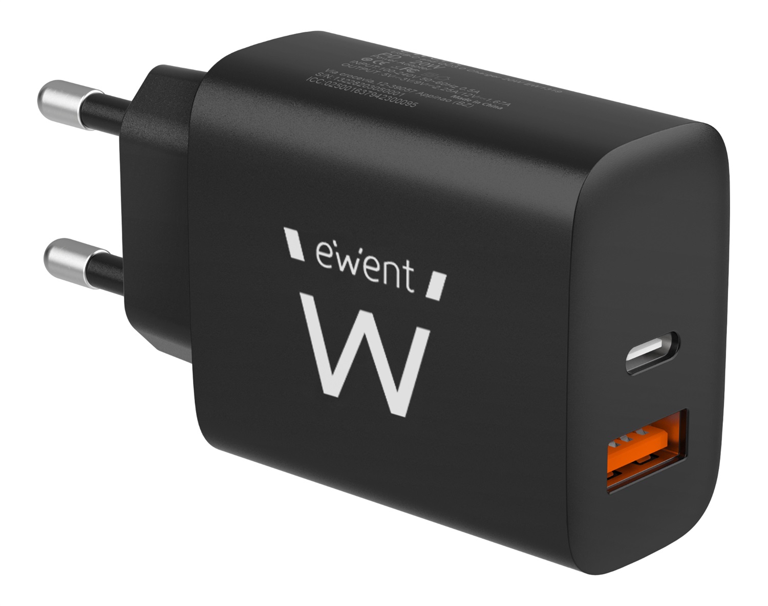 Ewent Caricabatterie USB-C 20W Super Veloce con 2 Porte per iPhone, iPad e Dispositivi Universali - Nero