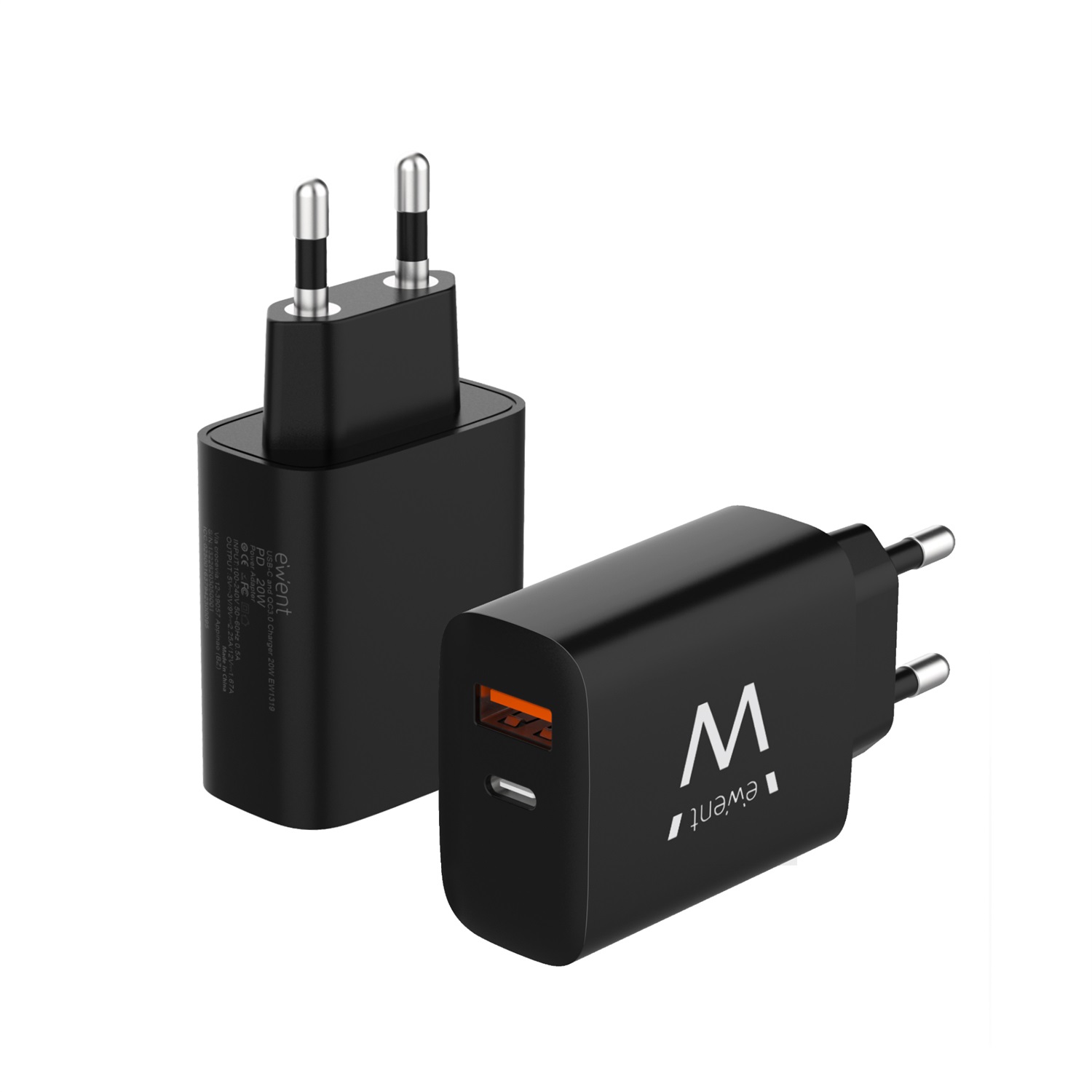 Ewent Caricabatterie USB-C 20W Super Veloce con 2 Porte per iPhone, iPad e Dispositivi Universali - Nero