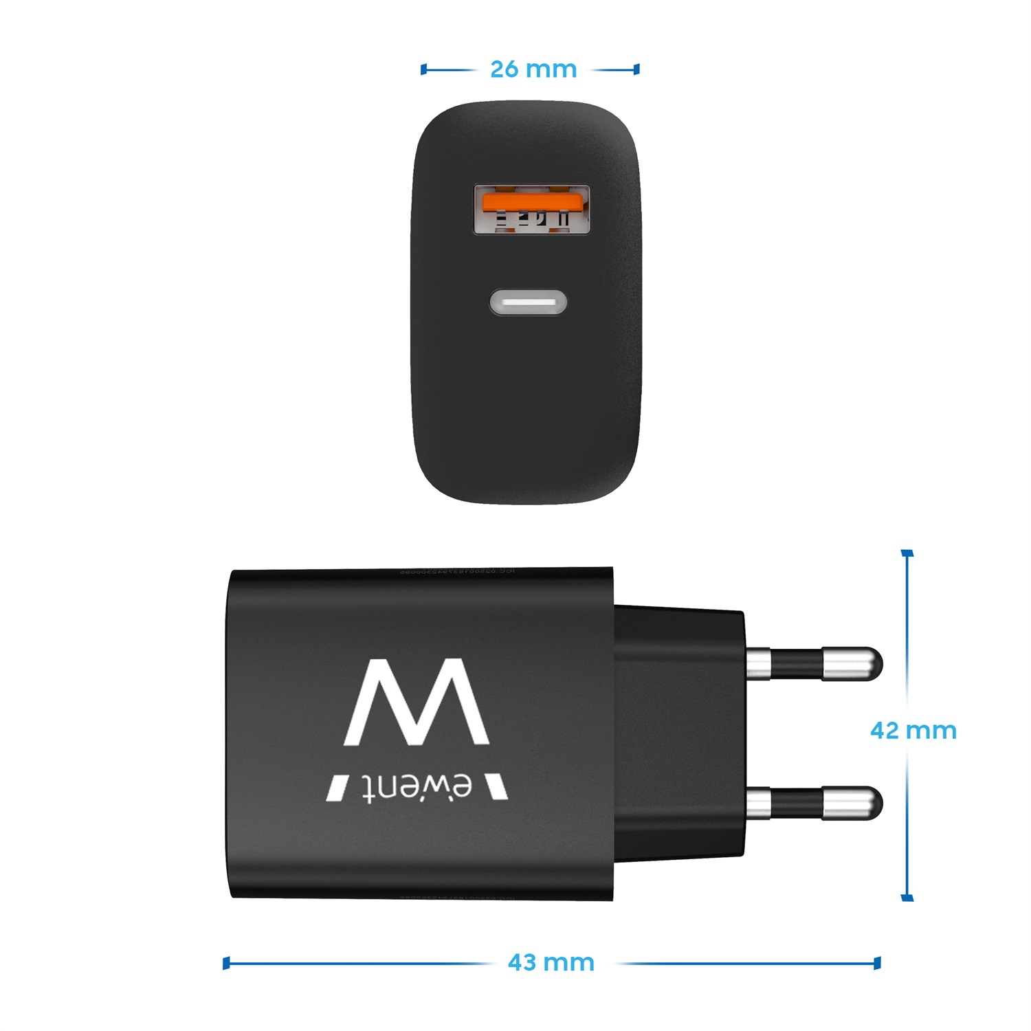 Ewent Caricabatterie USB-C 20W Super Veloce con 2 Porte per iPhone, iPad e Dispositivi Universali - Nero