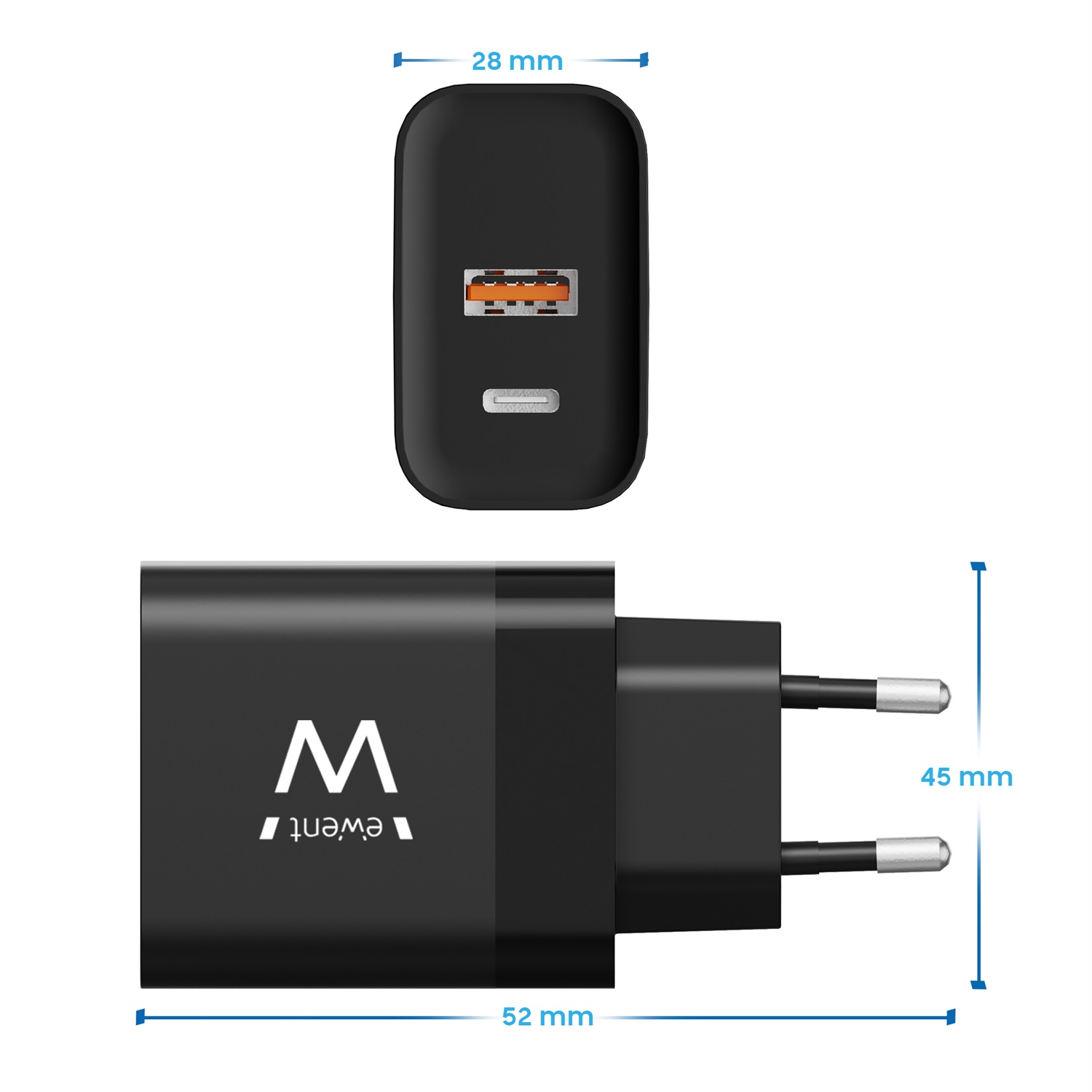 Ewent Caricabatterie Rapido GaN Fast 45W USB-C e USB-A per iPhone, iPad, Tablet e Notebook - Colore Nero