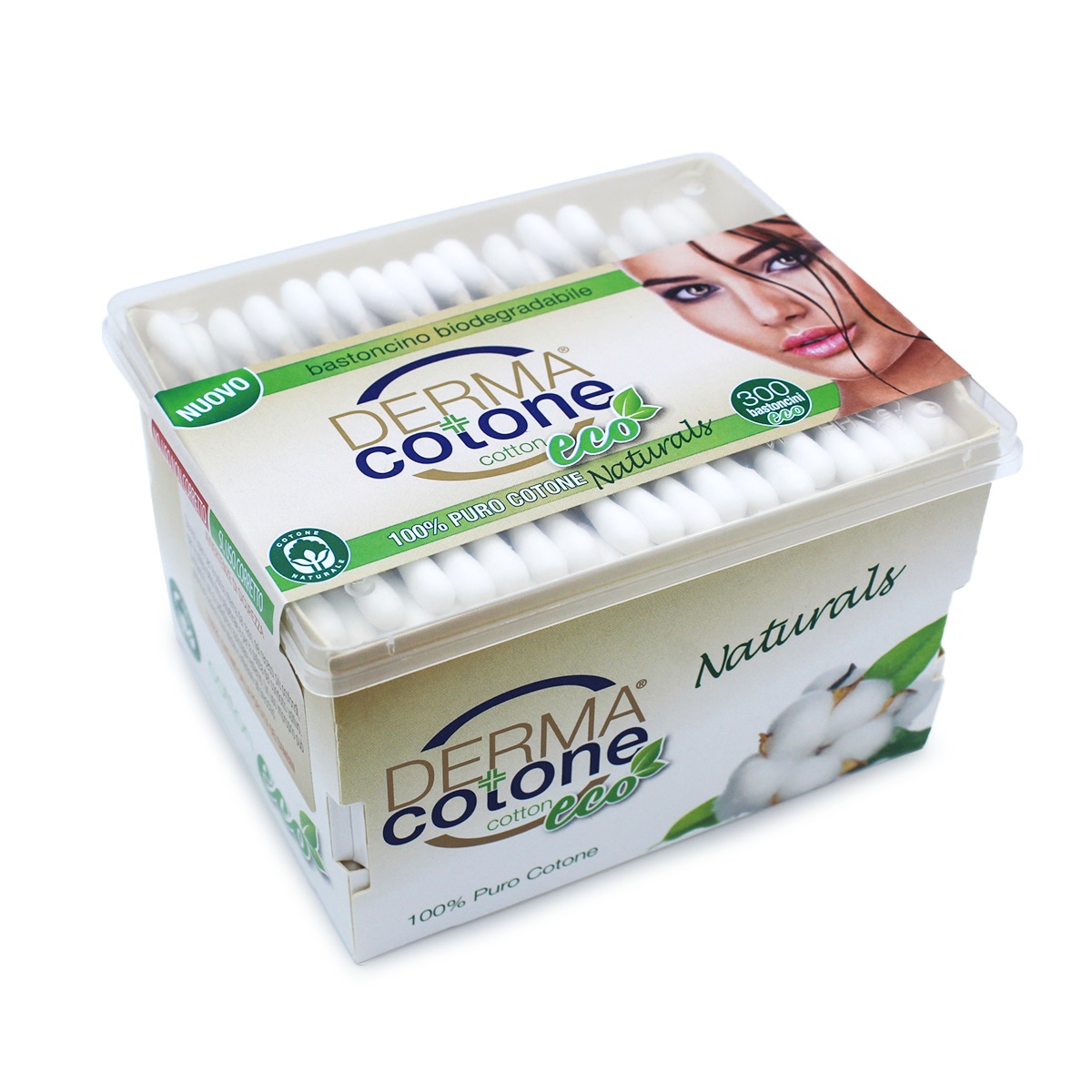 Dermacotone Cotton Fioc Biodegradabili Eco Naturals - 300 Pz in Puro Cotone Biologico per Igiene Quotidiana