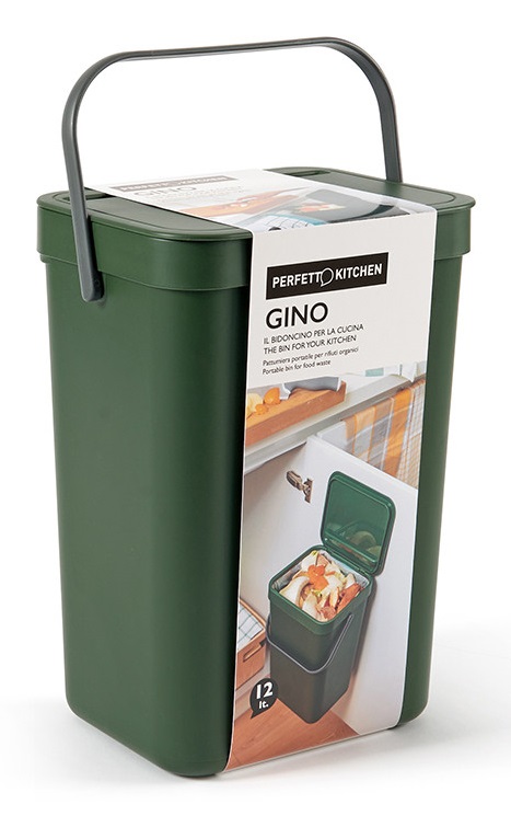 Perfetto Pattumiera Gino Verde Bosco 12 lt per Rifiuti Organici - 24 x 19 x 35,5 cm - Pratica e Leggera