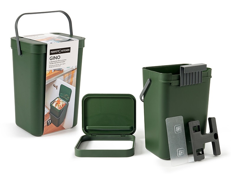 Perfetto Pattumiera Gino Verde Bosco 12 lt per Rifiuti Organici - 24 x 19 x 35,5 cm - Pratica e Leggera