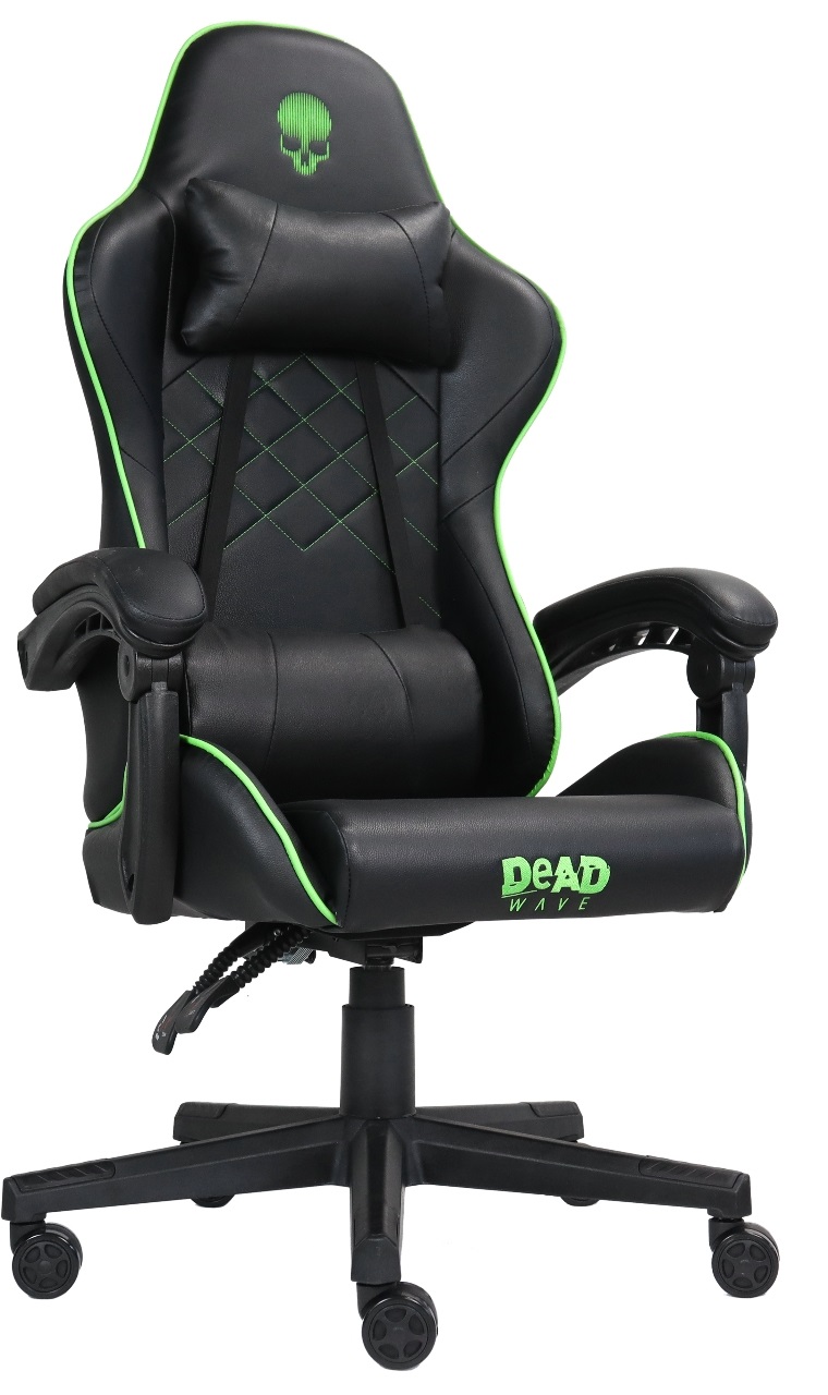 Deadwave DWGT0007 Sedia da Gaming Ergonomica Imbottita in Ecopelle Nero e Verde con Braccioli, Cuscino Lombare e Poggiatesta