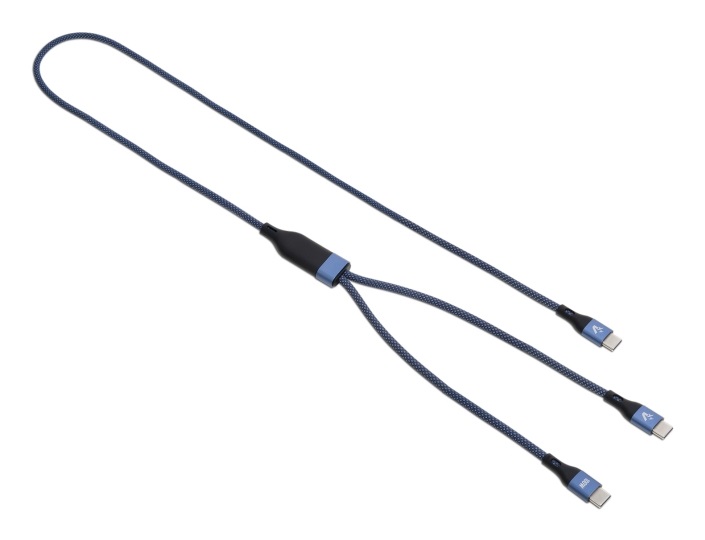 VulTech Cavo Smartphone CS-NCCC12BL in Nylon Type-C to 2 Type-C Blu 1,2m 5.0A 100W - PD 5A QC 3.0 per MacBook Pro/Air, iPhone 15/Pro/Pro Max, Samsung S22 Ultra, iPad Pro/Air Mini