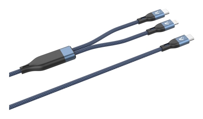 VulTech Cavo Smartphone CS-NCCL12BL Nylon Intrecciato Type-C to 2 Type-C e Lightning Blu 1,2m 5.0A 100W - PD 5A QC 3.0