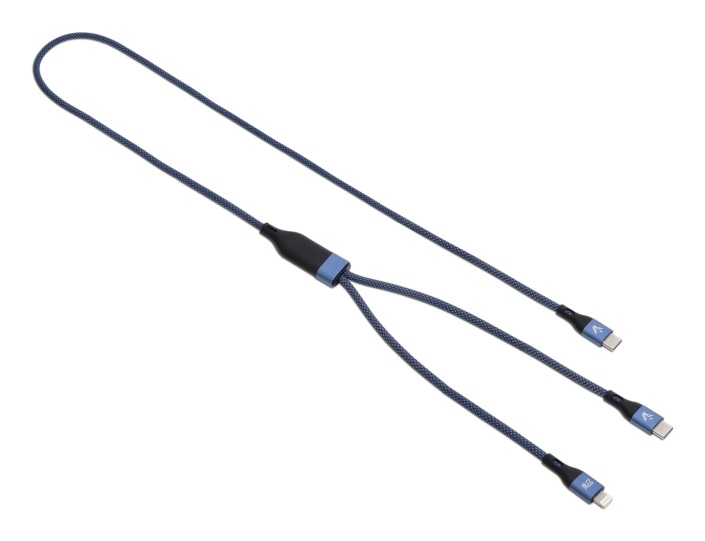 VulTech Cavo Smartphone CS-NCCL12BL Nylon Intrecciato Type-C to 2 Type-C e Lightning Blu 1,2m 5.0A 100W - PD 5A QC 3.0