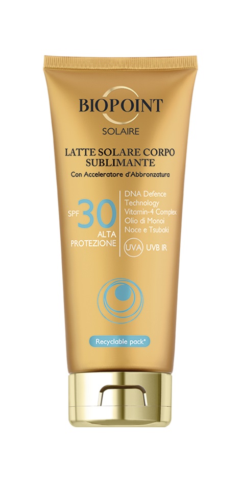 Biopoint Latte Solare Corpo Sublimante SPF 30 - 200 ml con Acceleratore di Abbronzatura, Azione Antiossidante e Idratante
