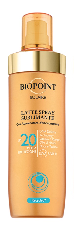 Biopoint Latte Spray Sublimante SPF 20 - 250 ml, Protezione Solare con DNA Defence Technology, Acceleratore di Abbronzatura e Azione Idratante