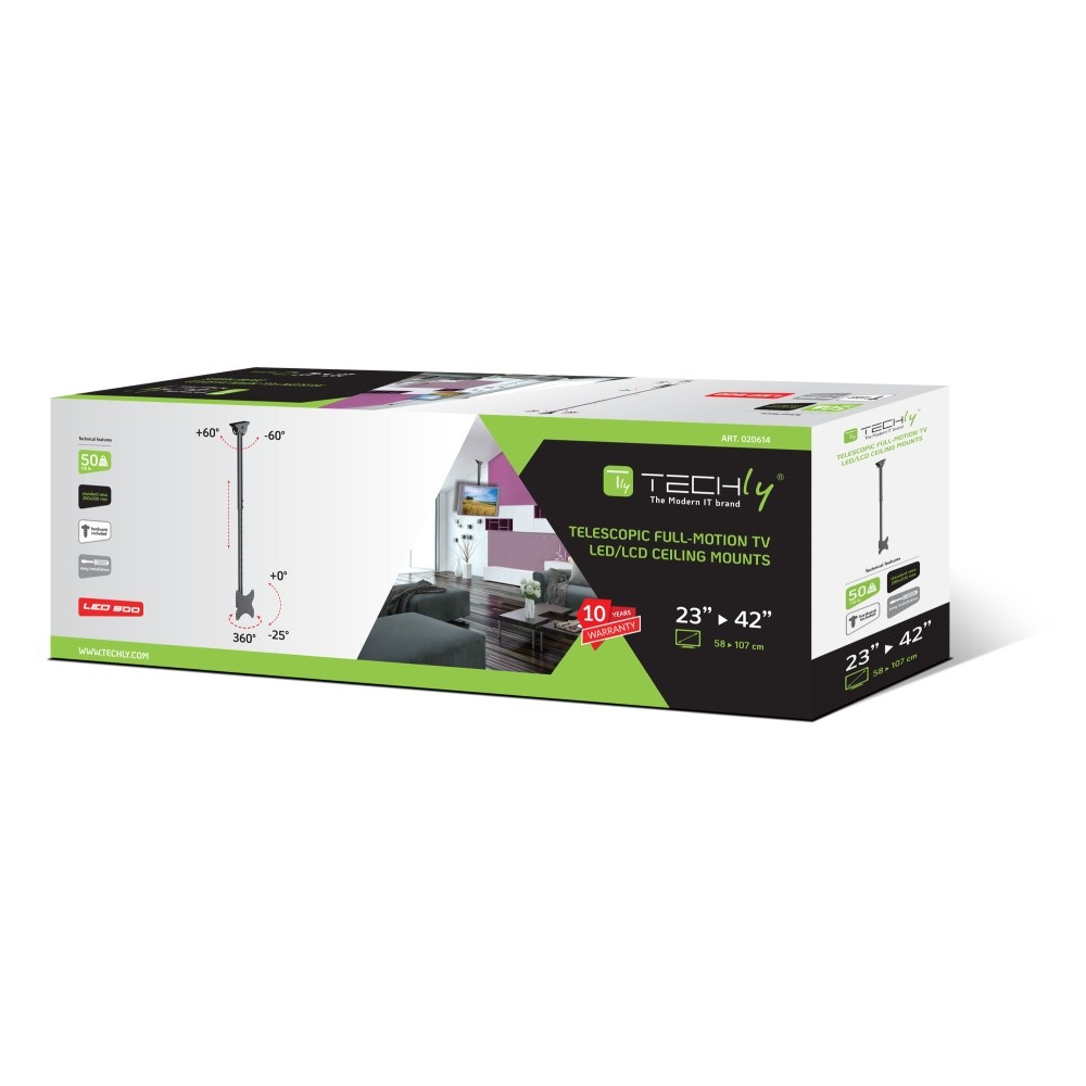 Techly ICA-CPLB 922L Supporto Telescopico a Soffitto fino a 1,6m per TV LED LCD 23-42'' - Inclinabile e Regolabile