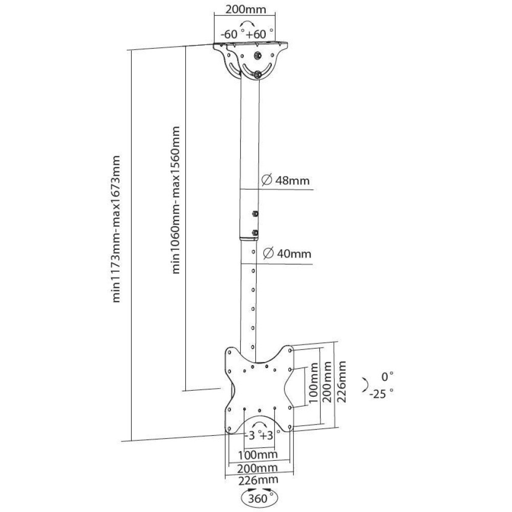 Techly ICA-CPLB 922L Supporto Telescopico a Soffitto fino a 1,6m per TV LED LCD 23-42'' - Inclinabile e Regolabile