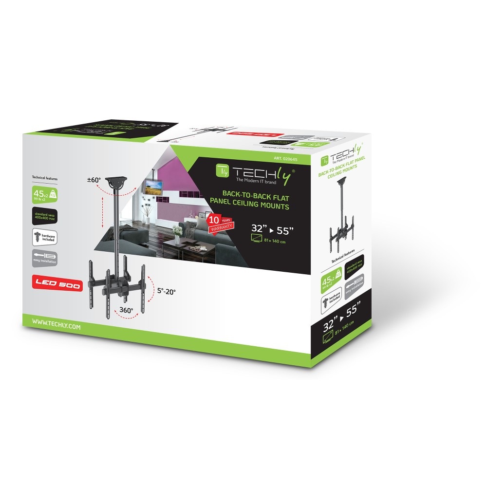 Techly Supporto Telescopico Universale a Soffitto per 2 TV LED LCD 32-55'' - Capacità 90 kg, VESA fino a 400x400 mm, Adatto per Soffitti Inclinati