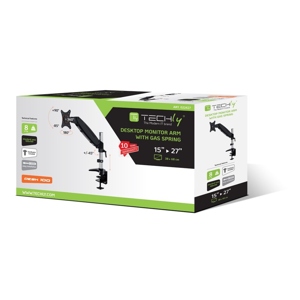 Techly Supporto Tubolare a Gas da Scrivania per Monitor 15-27'' max 8kg con Inclinazione -90° a 85° e Prolunga 360mm Nero (ICA-LCD 111-BK)