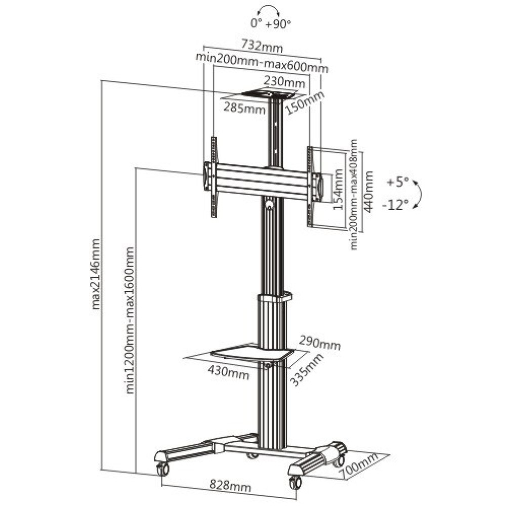 Techly Supporto a Pavimento con Mensola Trolley per TV LCD/LED/Plasma 37-70'' - Capacità 50kg, VESA fino a 600x400, Mensola in Vetro Temperato