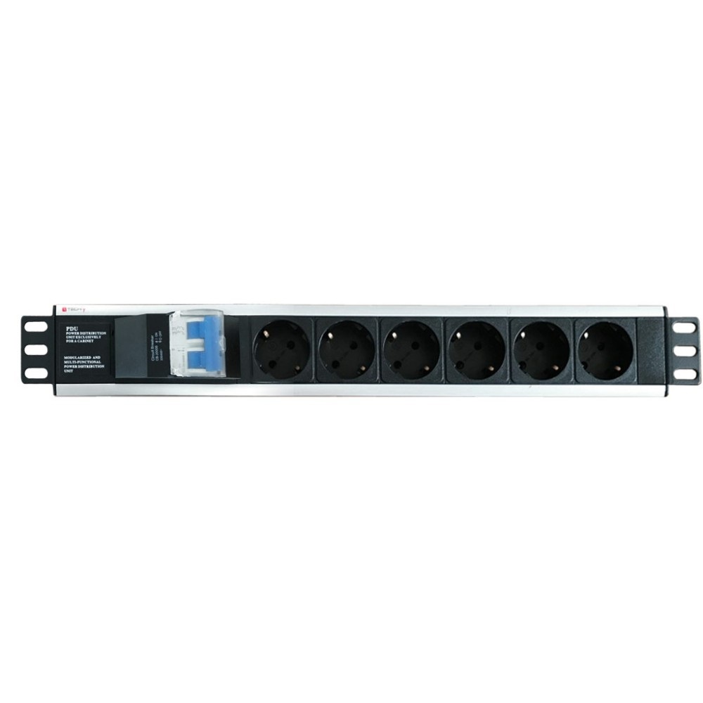 Techly Professional Multipresa 6 Posti da Rack 19'' con Magnetotermico e Spina Schuko Angolata 1.5U - Nero/Argento